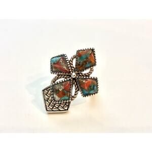 BBJ JTV Turquoise, Spiny Oyster, & Sterling Silver Cross Ring Sz 7